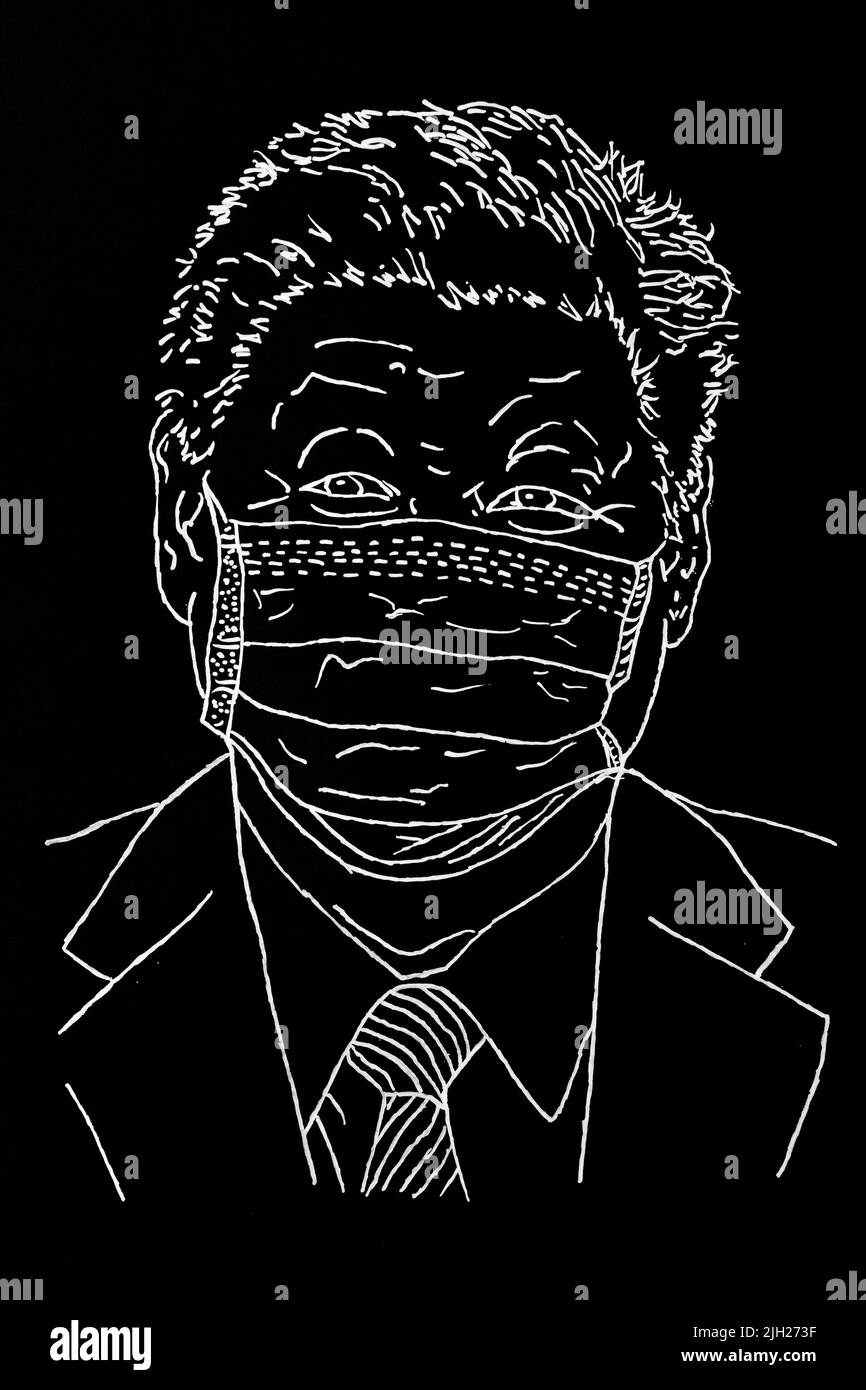 Zeichnung von Xi Jinping in einer Maske, Präsident der Volksrepublik China. Frankreich. Stockfoto
