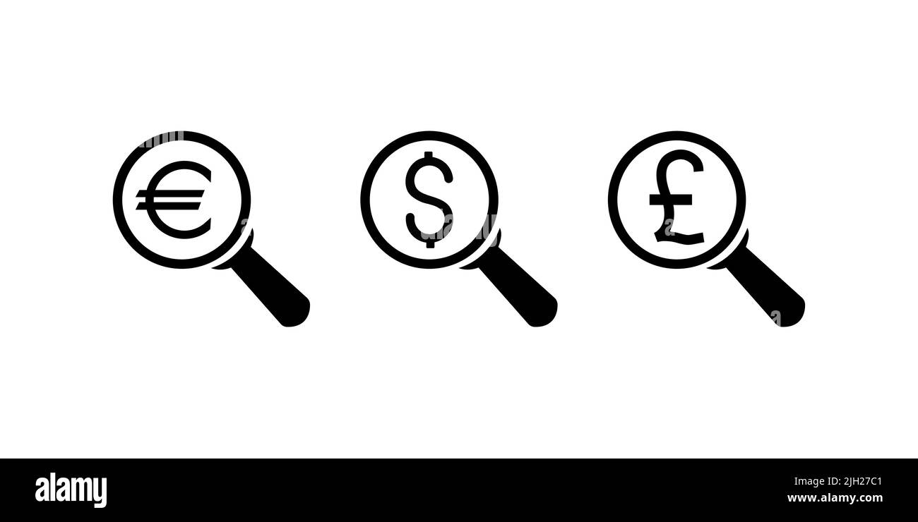 Suche Nach Geldsymbolen. Satz von Währungssymbolen für Pfund, Euro und Dollar. Einfaches Design. Linienvektor. Auf weißem Hintergrund isolieren. Stock Vektor
