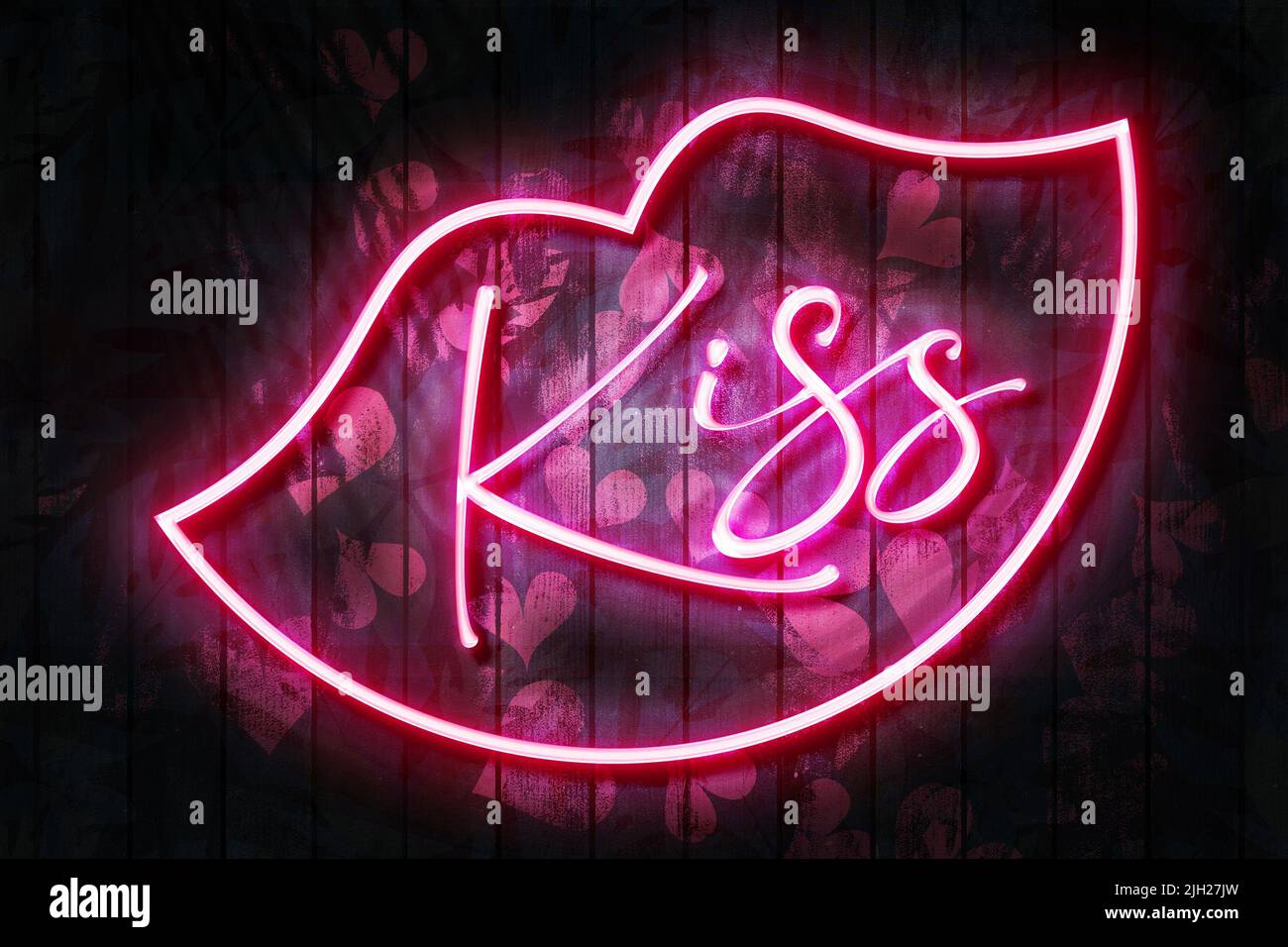 Kiss Neonschild mit Neonlippen an einer dunklen Holzwand, 3D Illustration mit rotem Herz Hintergrund. Stockfoto