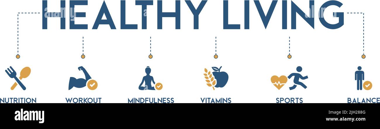 Gesundes Leben Vektor Illustration Konzept - Ernährung und Sport mit der Ikone der Ernährung, Training, Achtsamkeit, Vitamine, Sport und Balance Stock Vektor