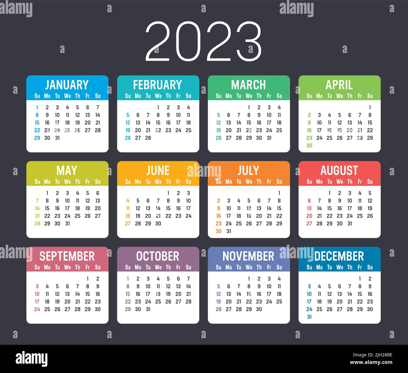 Farbenfroher Jahreskalender 2023 isoliert auf dunklem Hintergrund Stock Vektor