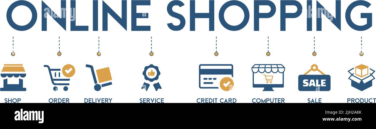 Banner Online Shopping Vektor Illustration Konzept mit dem Symbol von Shop, Bestellung, Lieferung, Service, Kreditkarte, Computer, Verkauf und Produkt Stock Vektor