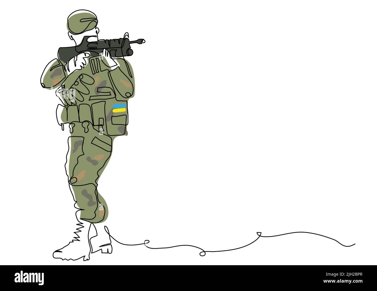 Ukrainischer Soldat im vollen Wachstum mit der Waffe in khaki die militärische Form der Streitkräfte. Vektorgrafik. Eine fortlaufende Linie Art Zeichnung Hintergrund Stock Vektor