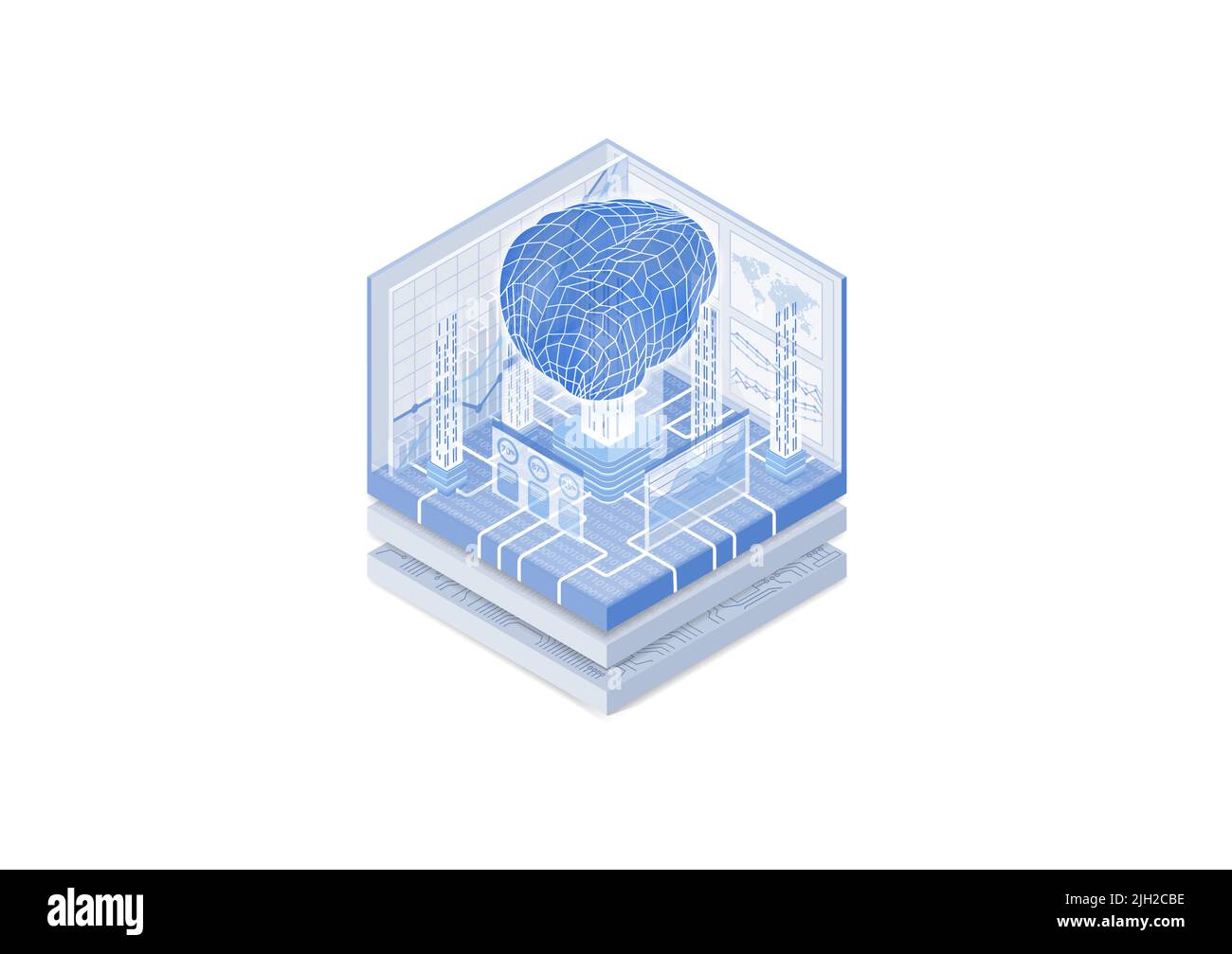 KI-Konzept für künstliche Intelligenz. Isometrische Vektordarstellung des digitalen Gehirns, das ein tiefes neuronales Netzwerk darstellt. Blaues und weißes Webbanner. Stock Vektor