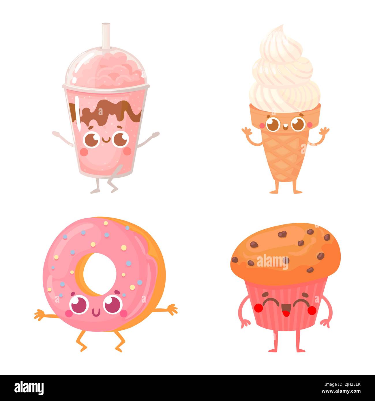 Cartoon Fast Food. Süße Getränke- und Snackfiguren mit fröhlichen Mimik. Fröhlicher Erdbeermilchshake Stock Vektor