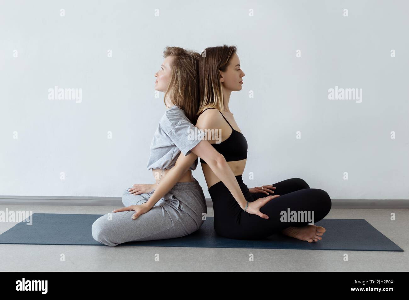 Sportliche Yogi-Schwestern beim Fitnesstraining. Paar, Paar Yoga Stockfoto
