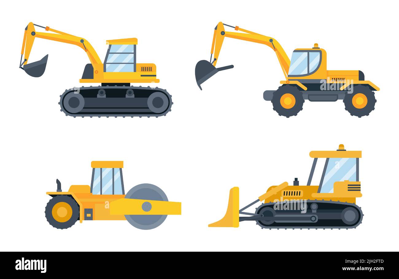 Schwere Baumaschinen. Engineering-Maschinen für den Bau als Bagger, Bulldozer, Traktor und Lader Stock Vektor