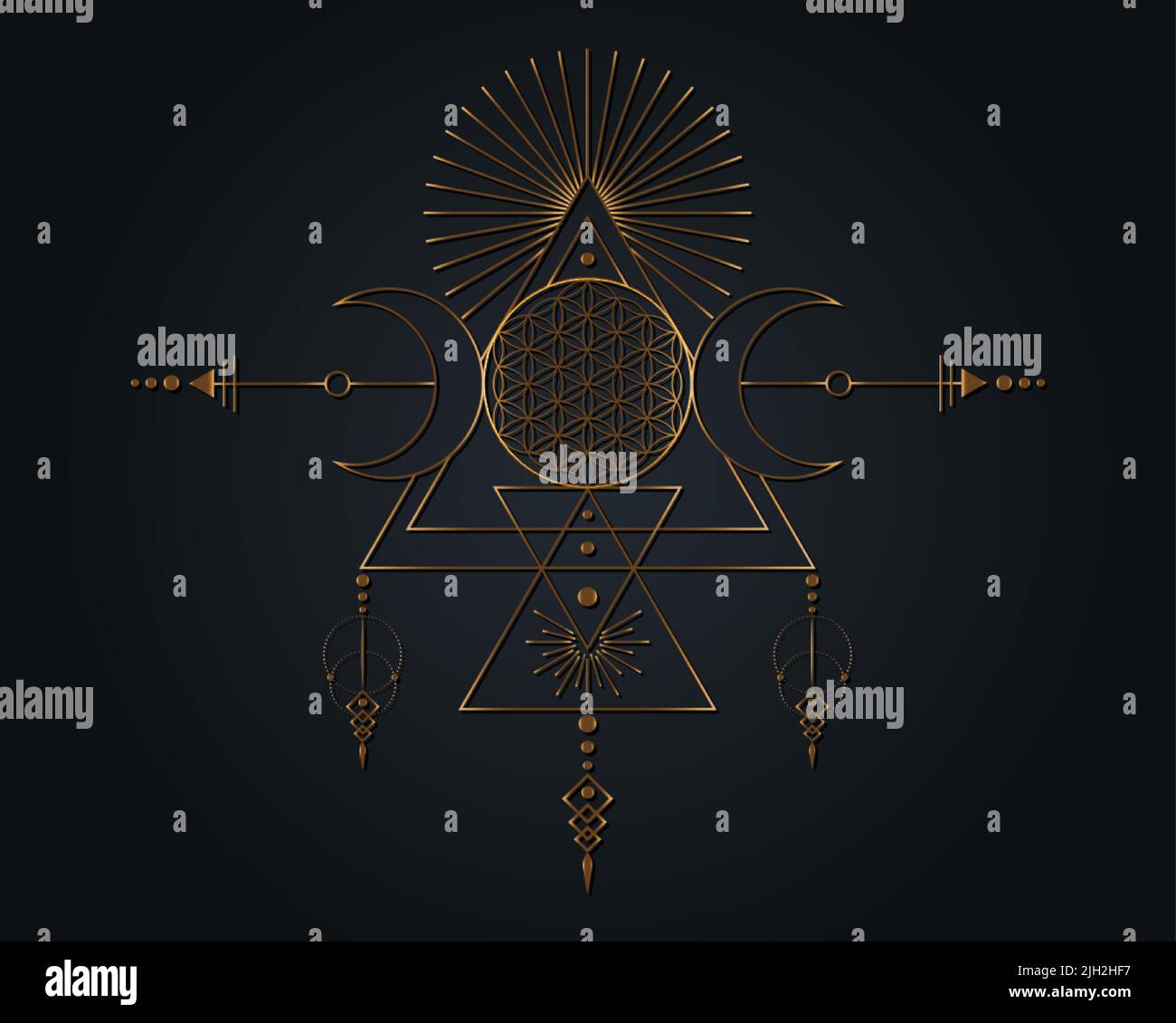 Triple Goddess und Flower of Life, Heilige Geometrie aus Gold, Tribal-Dreiecke, Mondphasen im Shaman-Boho-Stil. Astrologie, Alchemie und magisches Symbol Stock Vektor