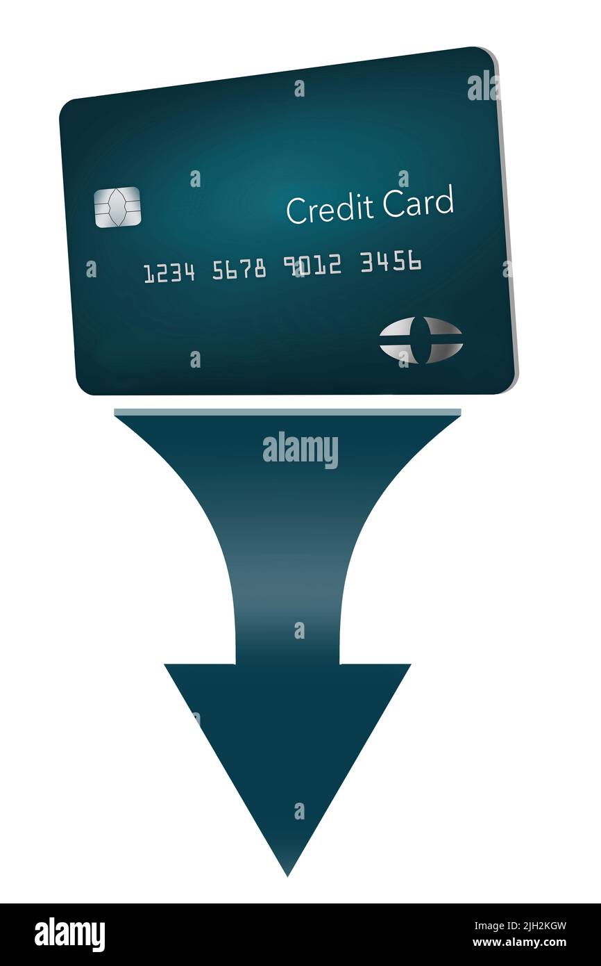 Die Pfeile zeigen nach unten, um den Abwärtstrend bei der Beliebtheit von Kreditkarten durch jüngere Verbraucher in dieser 3-d-Abbildung darzustellen. Stockfoto