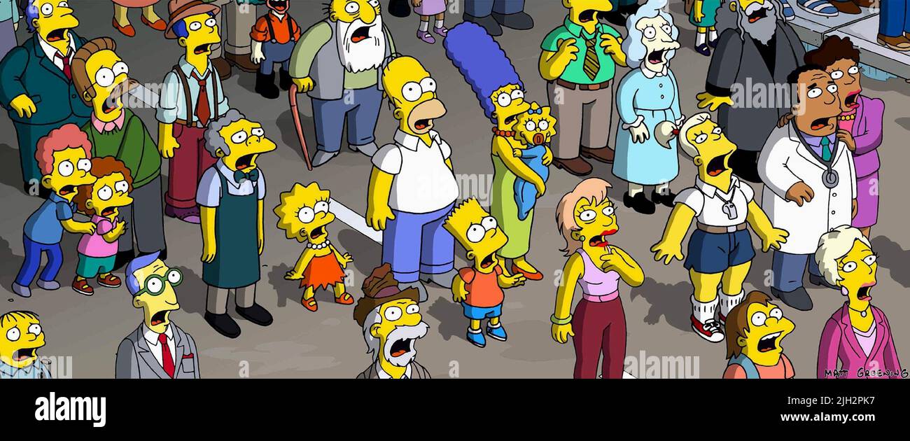 FLANDERS,FLANDERN,FLANDERN,MOE,SIMSON,SIMPSON,SIMPSON,SIMPSON,SIMPSON,HIBBERT, THE SIMPSONS FILM, 2007 Stockfoto