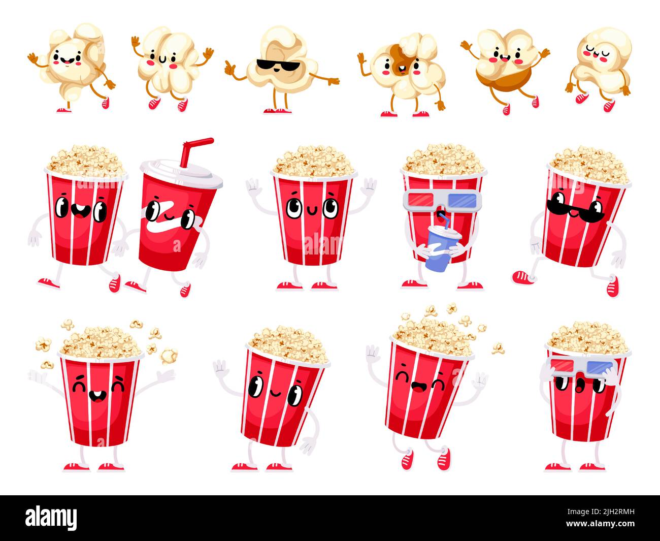 Popcorn-Maskottchen. Cartoon süß und salzig knallen Mais Film Spaß Snack-Charakter mit niedlichen glücklichen Gesicht, Hände und Beine. Vector Food für TV-Serien und Stock Vektor