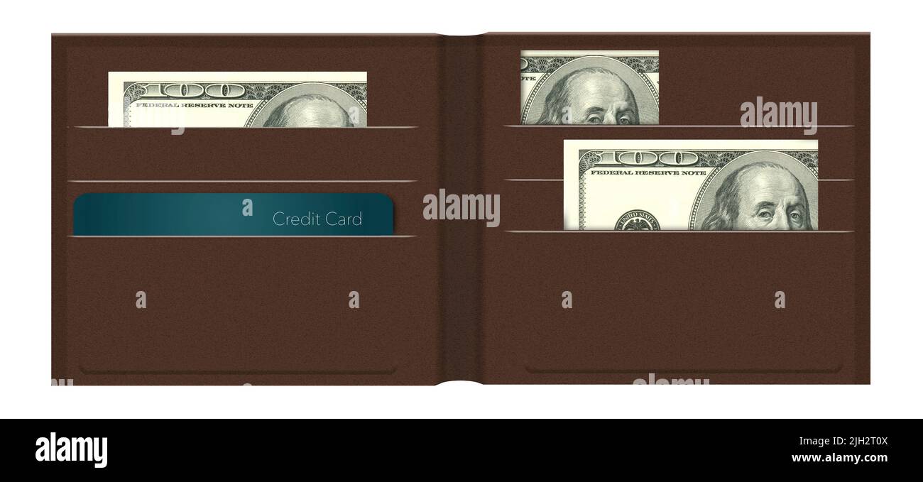 In dieser Brieftasche befindet sich nur eine Kreditkarte, die sonst in einer 3-d-Darstellung über den rückläufigen Gebrauch von Kreditkarten mit Bargeld gefüllt ist Stockfoto