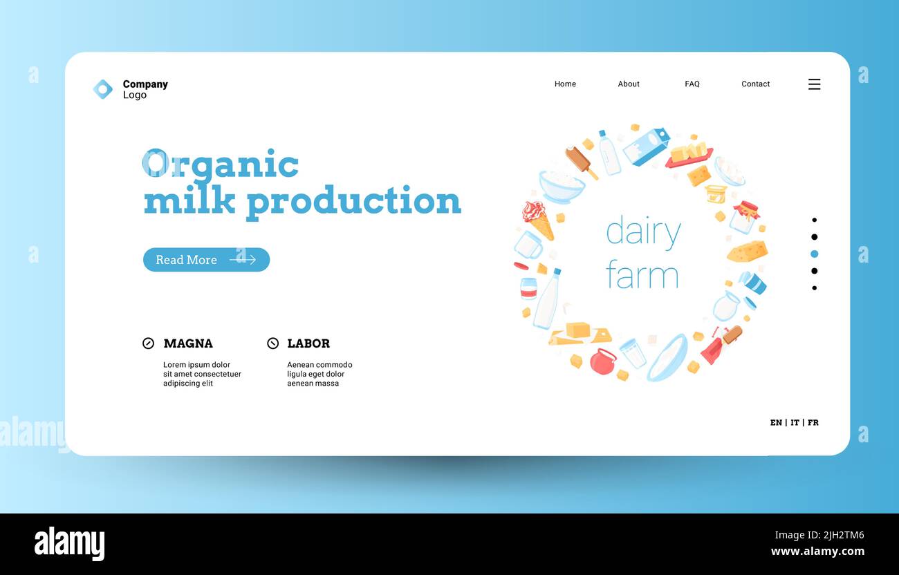Milchprodukte landen. Web-Seite Vorlage mit Cartoon Milch Bio-Lebensmittel-Konzept, Käse Joghurt Butter Quark. Vektor-Website mit Milch in Stock Vektor