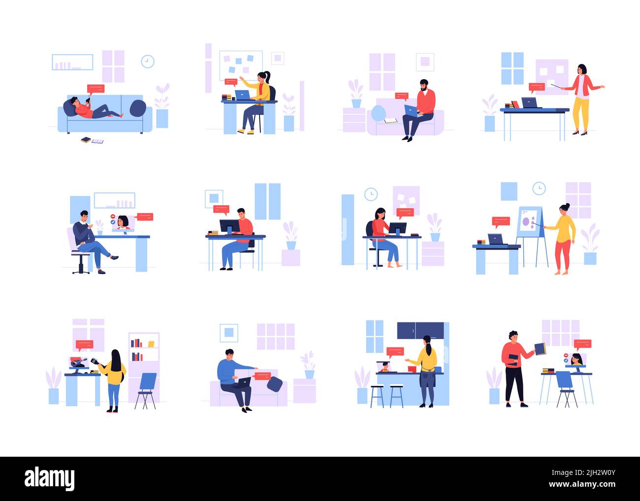 Online-Kurs. Cartoon-Szenen von Personen, die zu Hause mit Laptop und Computer lernen, Lehrer und Schüler, die studieren. Vector Remote Lessons Concept Set Stock Vektor