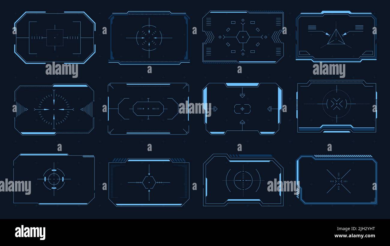 Ziel des HUD-Quadrats. Futuristische Rahmen und Grenzen der Benutzeroberfläche, Sci-Fi-Zielanvisier, moderner Technologie-Sucher. Vektor-Design-Element mit digitalem Fokus Stock Vektor