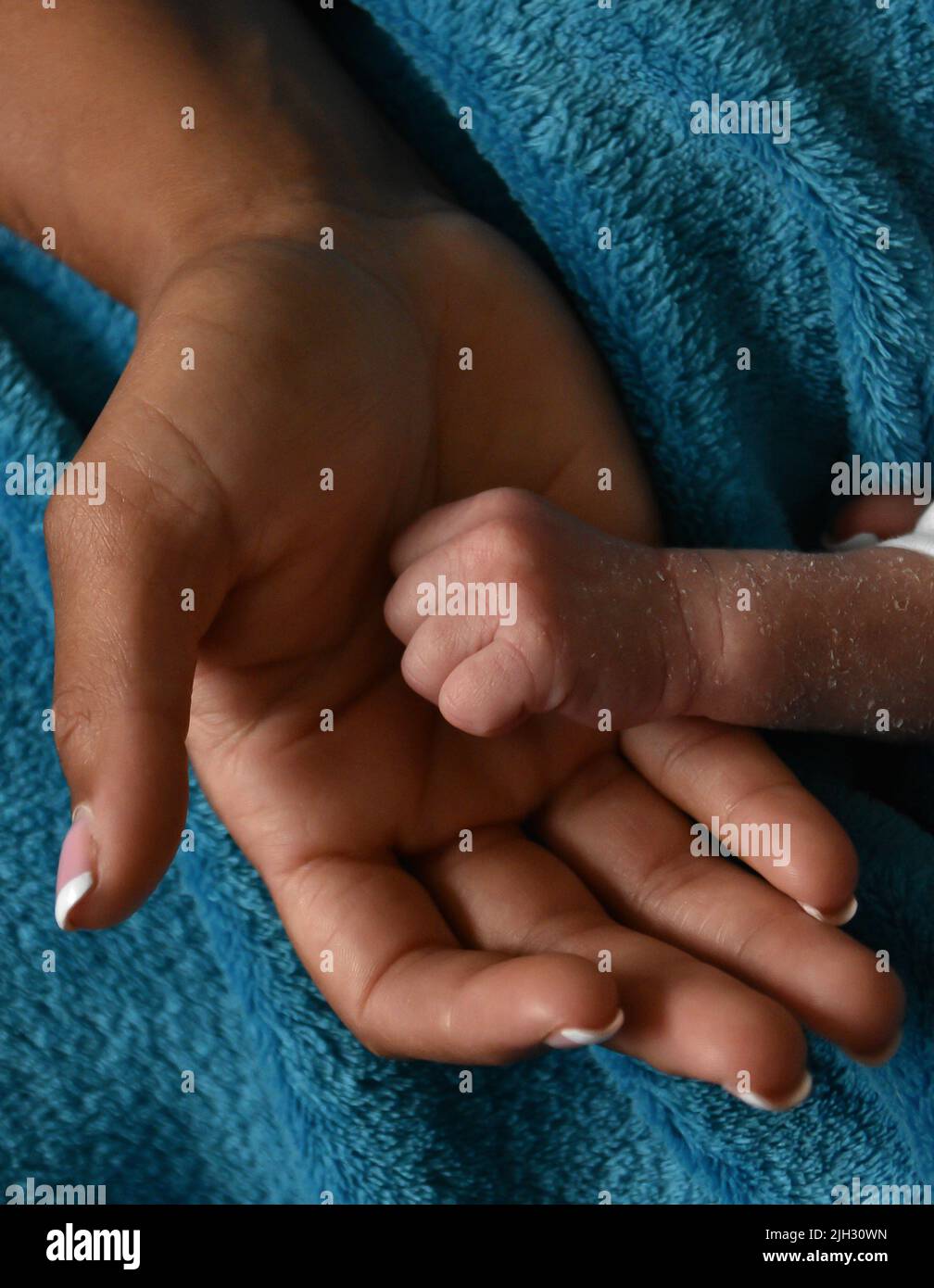 Mutter des neugeborenen Babys Hand hält Stockfoto