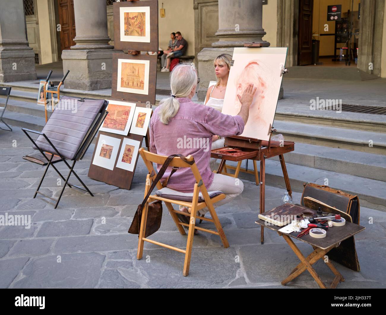 Street Portrait Painter vor den Uffizien Florenz Italien Stockfoto