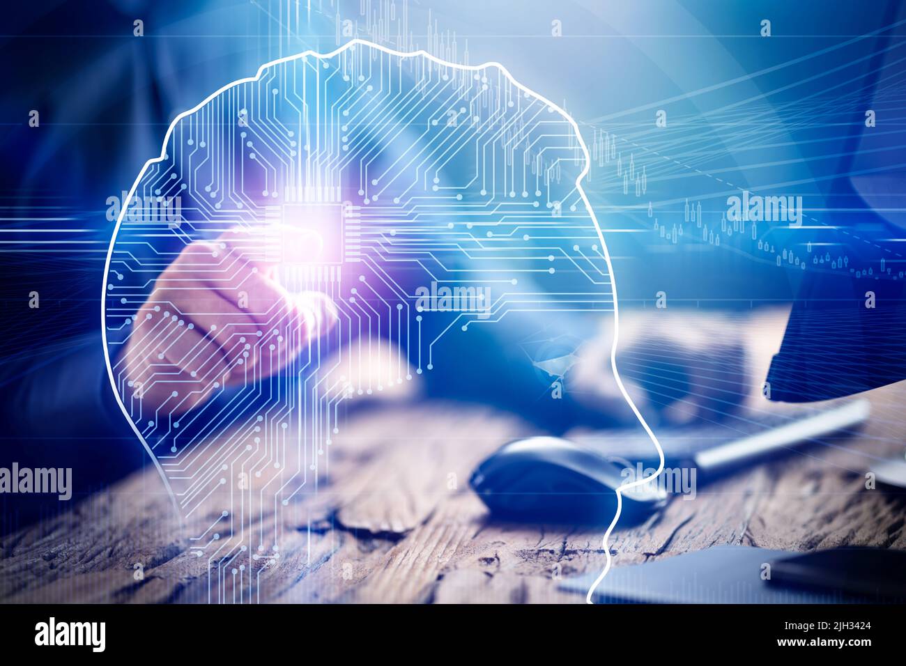 Maschinelles Lernen AI. Analyse Des Marketingplans. Daten Auf Cloud-Computer Stockfoto