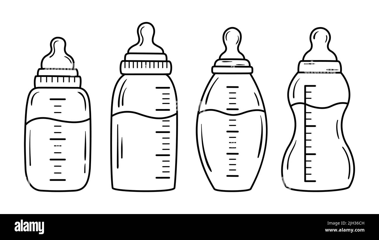 Milchflaschen-Kollektion im Line Art Style. Baby-Schnuller Doodle. Vektorgrafik. Stock Vektor