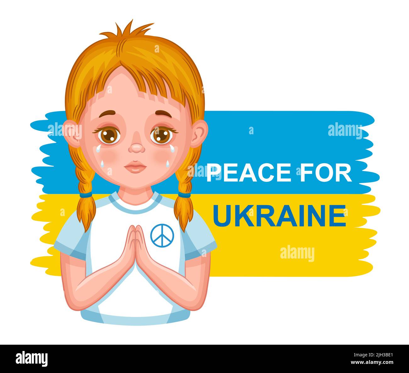 Betet für Frieden, beendet den Krieg, rettet die Ukraine. Ukrainisches Mädchen Kind weinen. Helfen Sie beim Schutz vor Russland Terror militärische Aggression. Gebet, Nationalflaggenvektor Stock Vektor