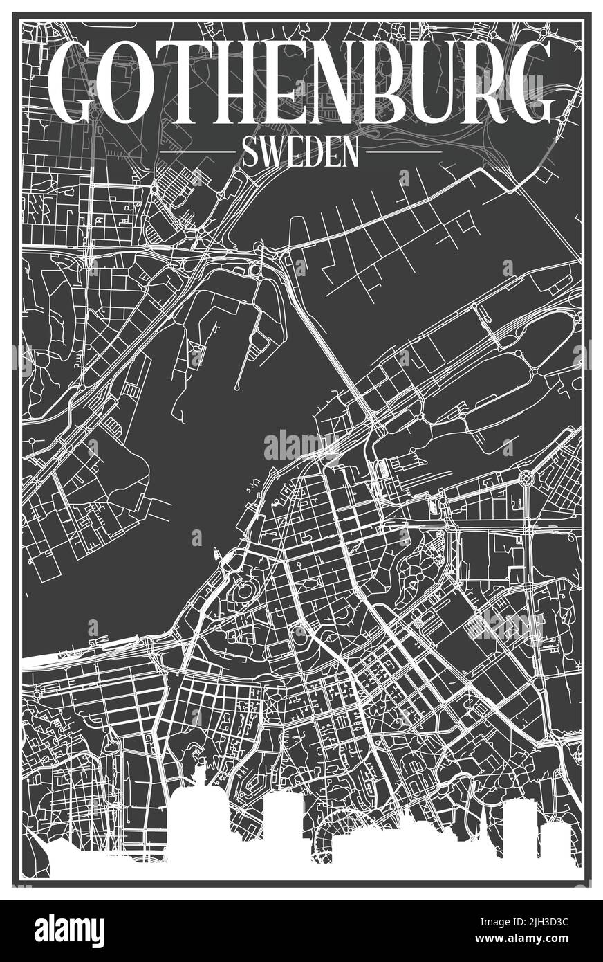 Dunkles Ausdrucksplakat mit Panorama-Skyline und handgezeichneten Straßen auf dunkelgrauem Hintergrund der Innenstadt VON GÖTEBORG (GÖTEBORG), SCHWEDEN Stock Vektor