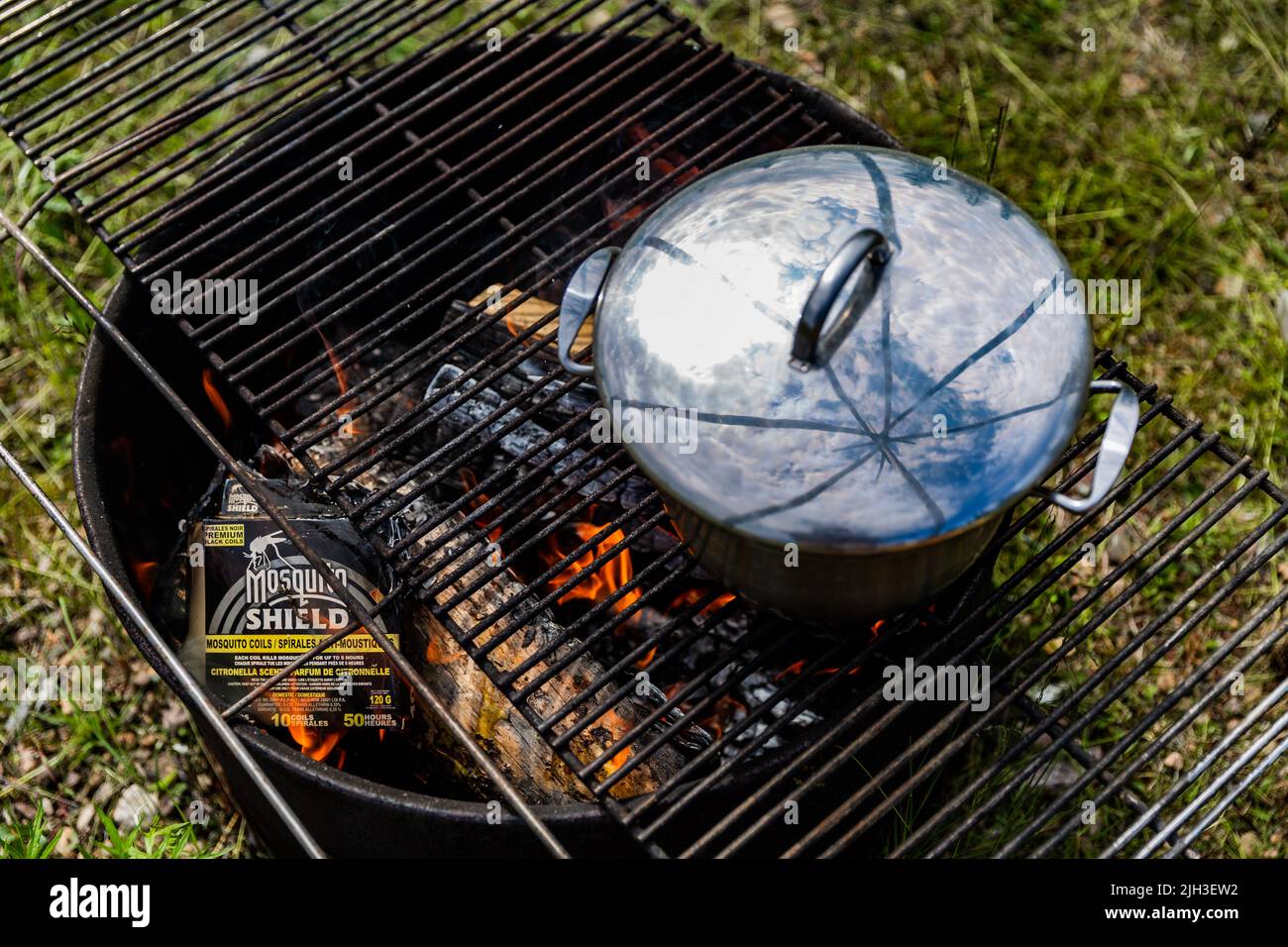 Nahaufnahme von Grill und Topf am Lagerfeuer im Sommer, Northwest Territories, Kanada. Stockfoto