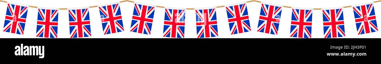 Britische Flagge Girlande. Union Jack Wimpel Kette. Britische Party-Dekoration. Großbritannien Flaggen zum Feiern. Fußzeile und Banner-Hintergrund. Stock Vektor