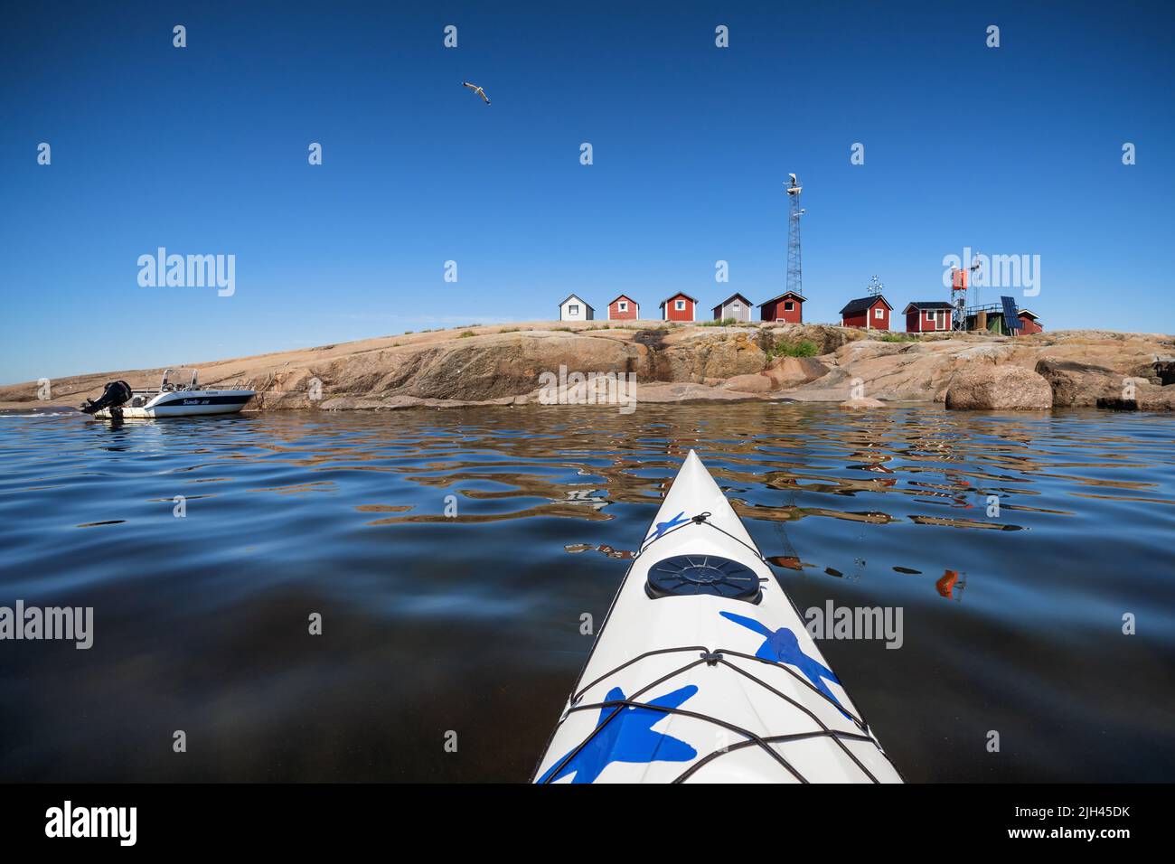 Kleine Hütten auf der Insel Huovari, Virolahti, Finnland Stockfoto