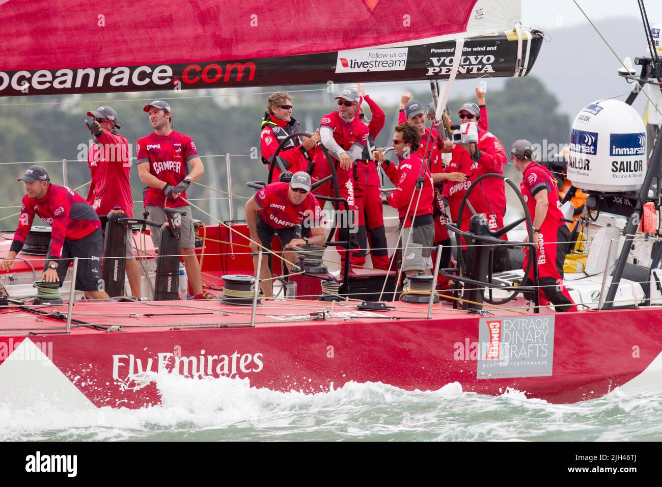 Camper und Emirates Team Neuseeland feiern den Sieg des in-Port-Rennens im Rahmen des Volvo Ocean Race, Auckland, Neuseeland, Stockfoto