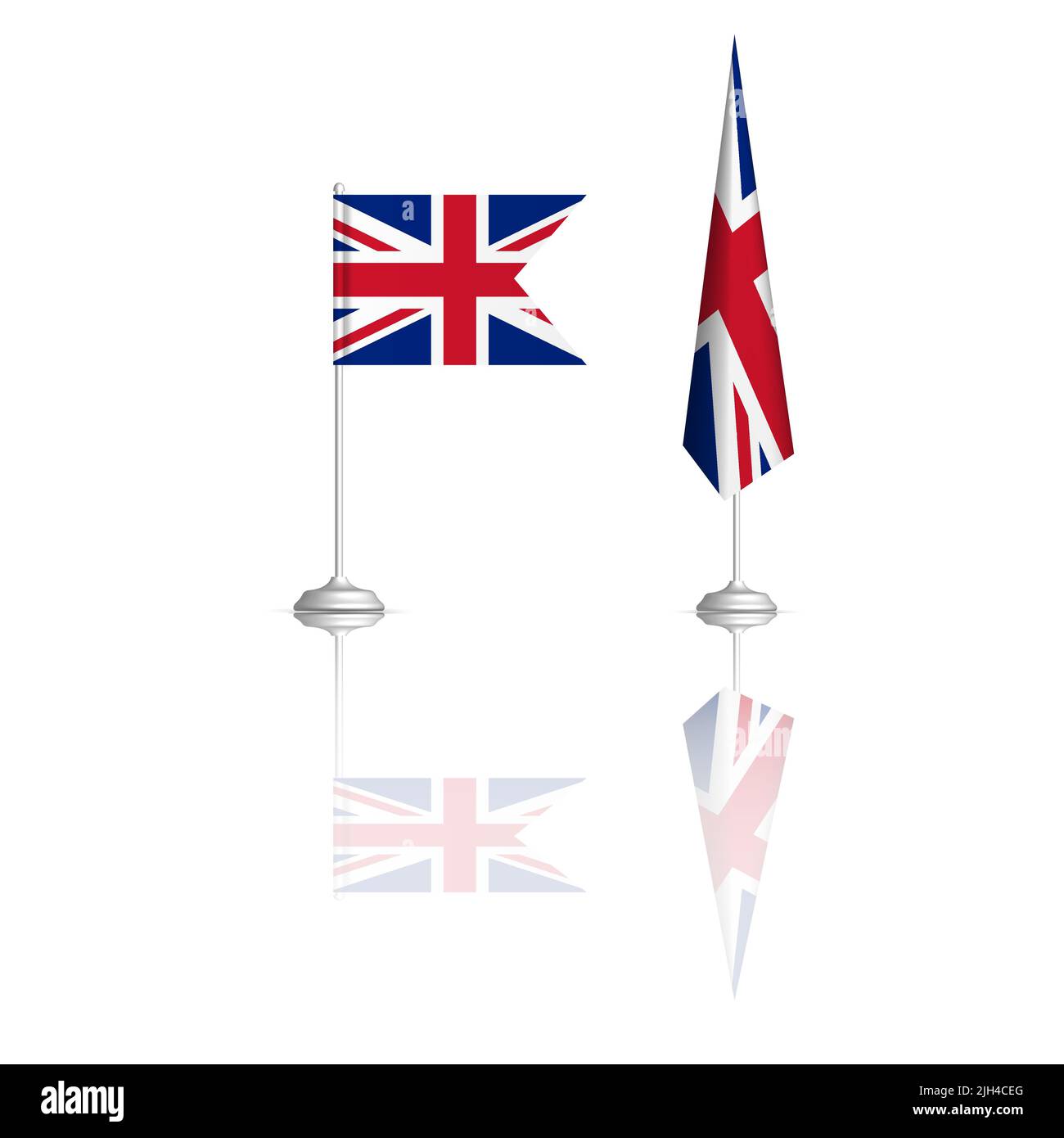Britische Flagge in zwei Versionen mit Spiegelreflexion. Vorderansicht, Vektorgrafik. Stock Vektor