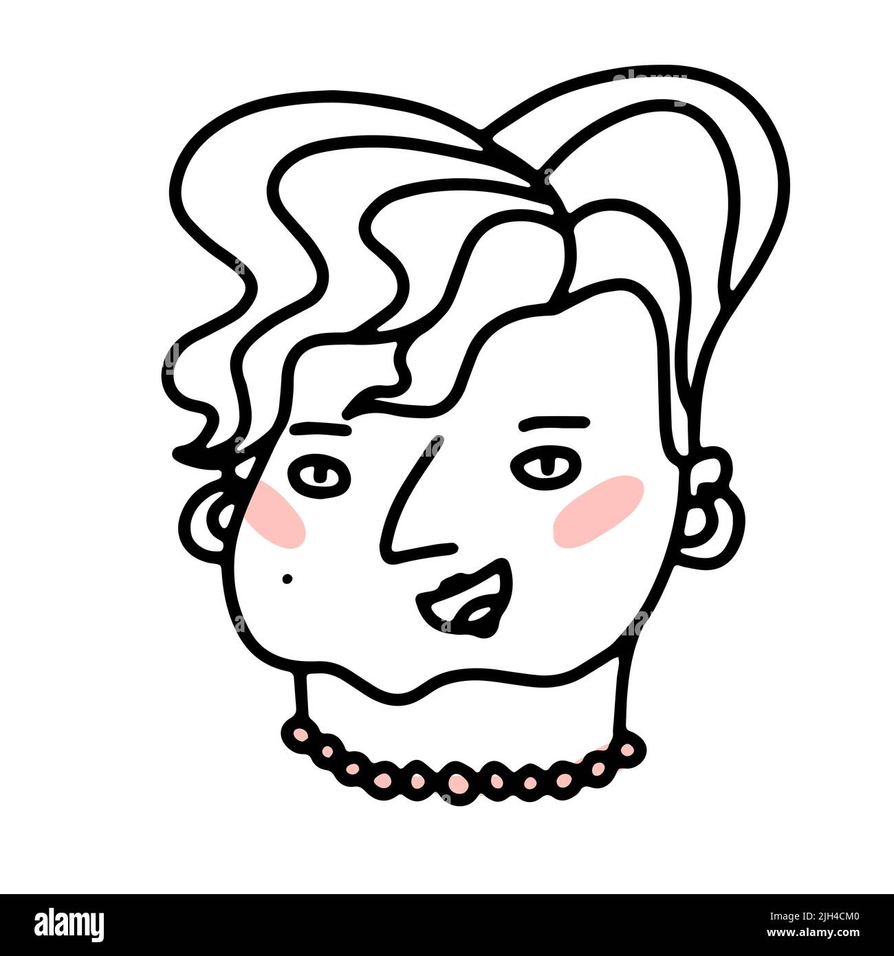 Doodle ältere Frau mit gestylten Haaren, Bijouterie. Handgezeichnetes menschliches Gesicht isoliert auf weißem Hintergrund. Cartoon Lustige Großmutter. Weibliches Porträt. Rosa Lm Stock Vektor