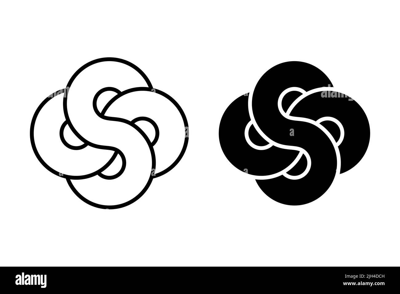 Verflochtenen Unendlichkeits-Symbole. Zwei acht ineinander greifende und überlappende Figuren bilden ein meditatives Symbol und Mandala. Heilige Geometrie. Schwarz und Weiß. Stockfoto