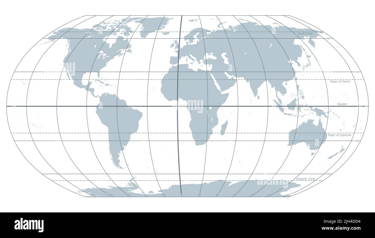 Die Welt mit den wichtigsten Kreisen der Breiten und Längen, graue politische Landkarte. Äquator, Greenwich-Meridian, Polarkreis und Antarktiskreis ... Stockfoto