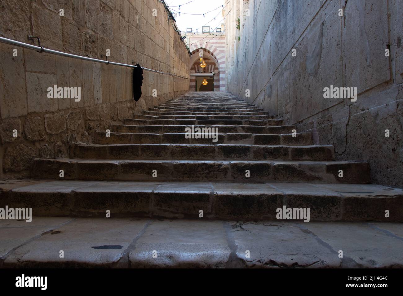 Treppe zur Höhle von Machpela und Patriarchen in Hebron, im Westufer, Israel. Historische Orte in Palästina Stockfoto