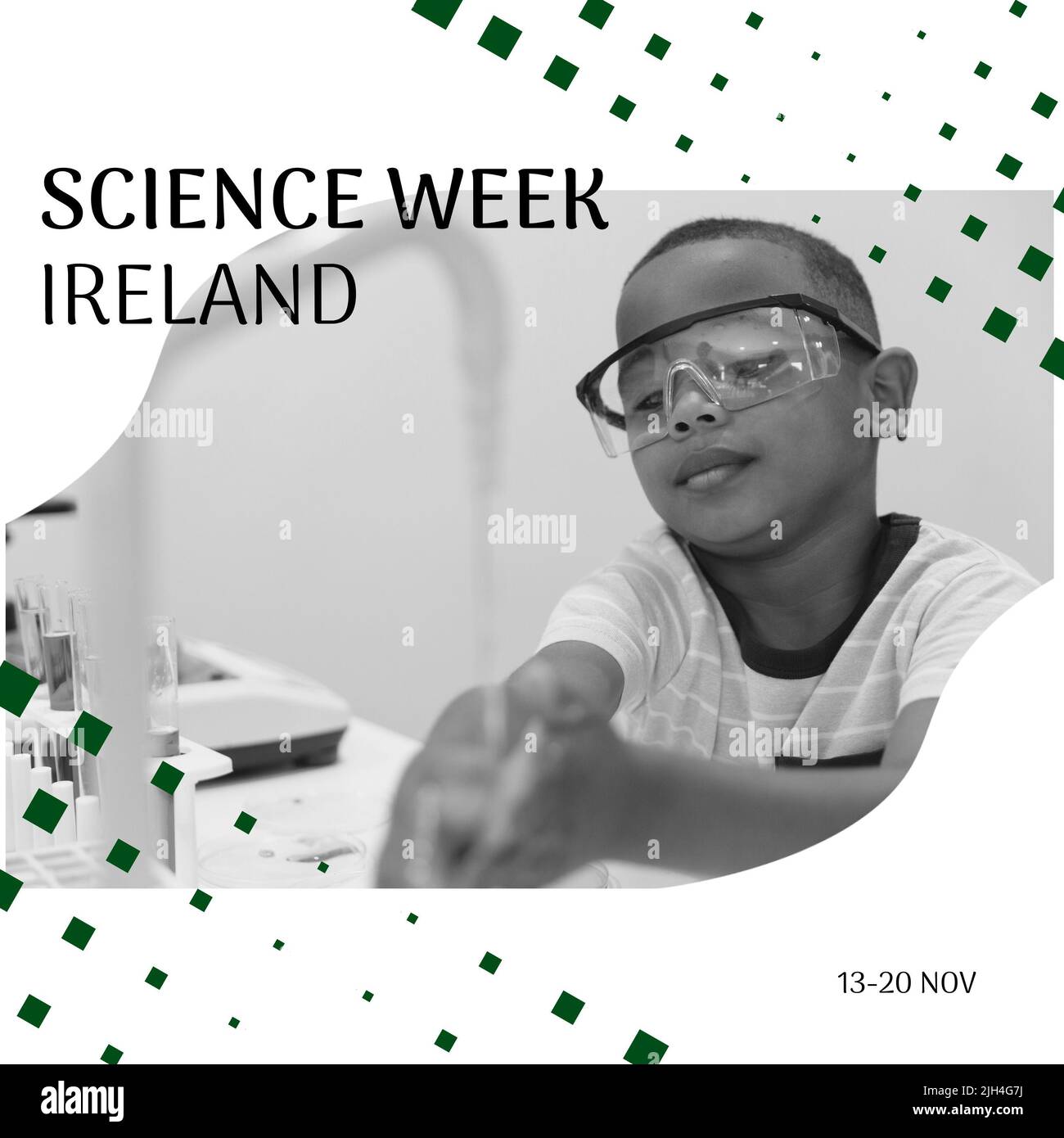 Zusammensetzung des Textes der Science Week ireland über afroamerikanischen Jungen im Labor Stockfoto