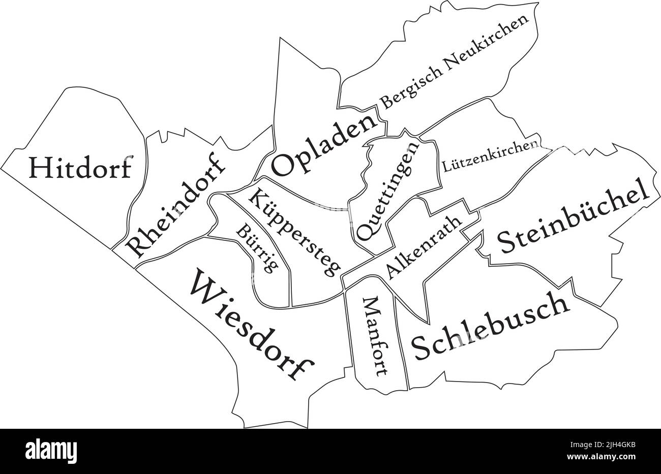 Weiß getaggte Bezirkskarte von LEVERKUSEN, DEUTSCHLAND Stock Vektor
