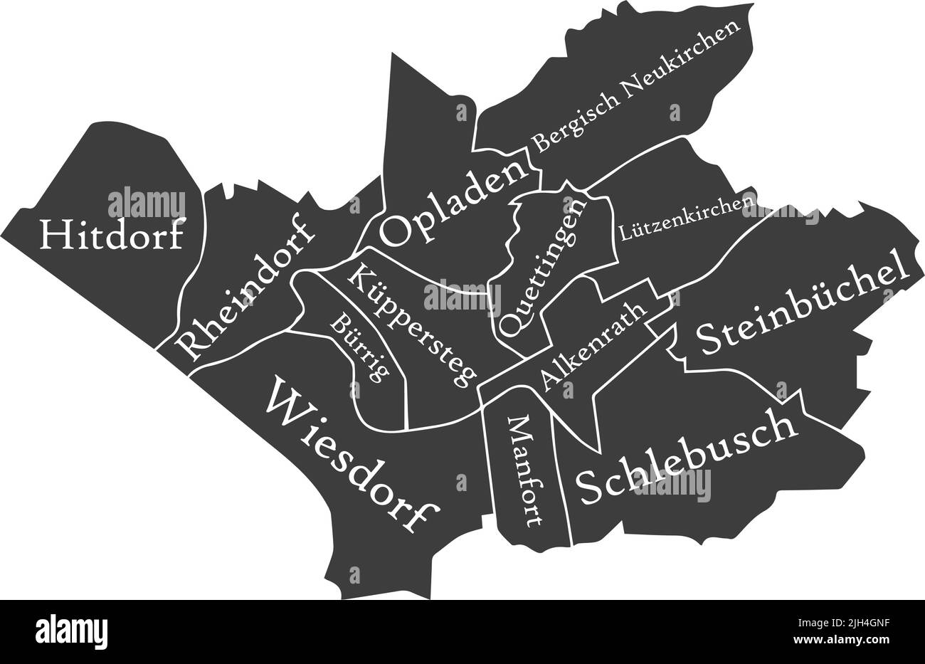 Dunkelgrau getaggte Bezirkskarte von LEVERKUSEN, DEUTSCHLAND Stock Vektor