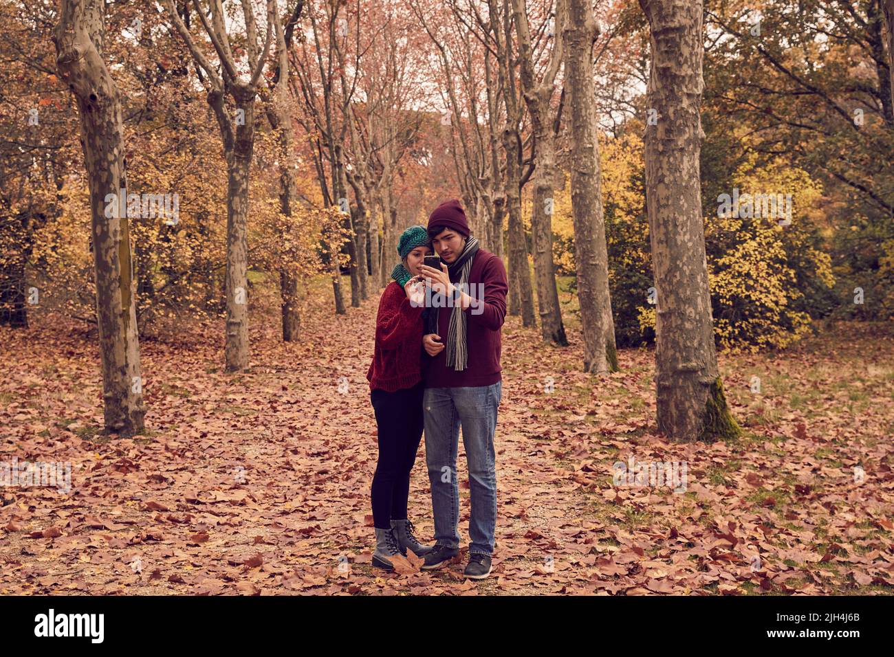 Junge weiße kaukasische Junge und Mädchen Paar Blick geradeaus auf das Smartphone mit einer Smartwatch am Handgelenk auf einem Boden aus braunen gefallenen Blättern in Stockfoto