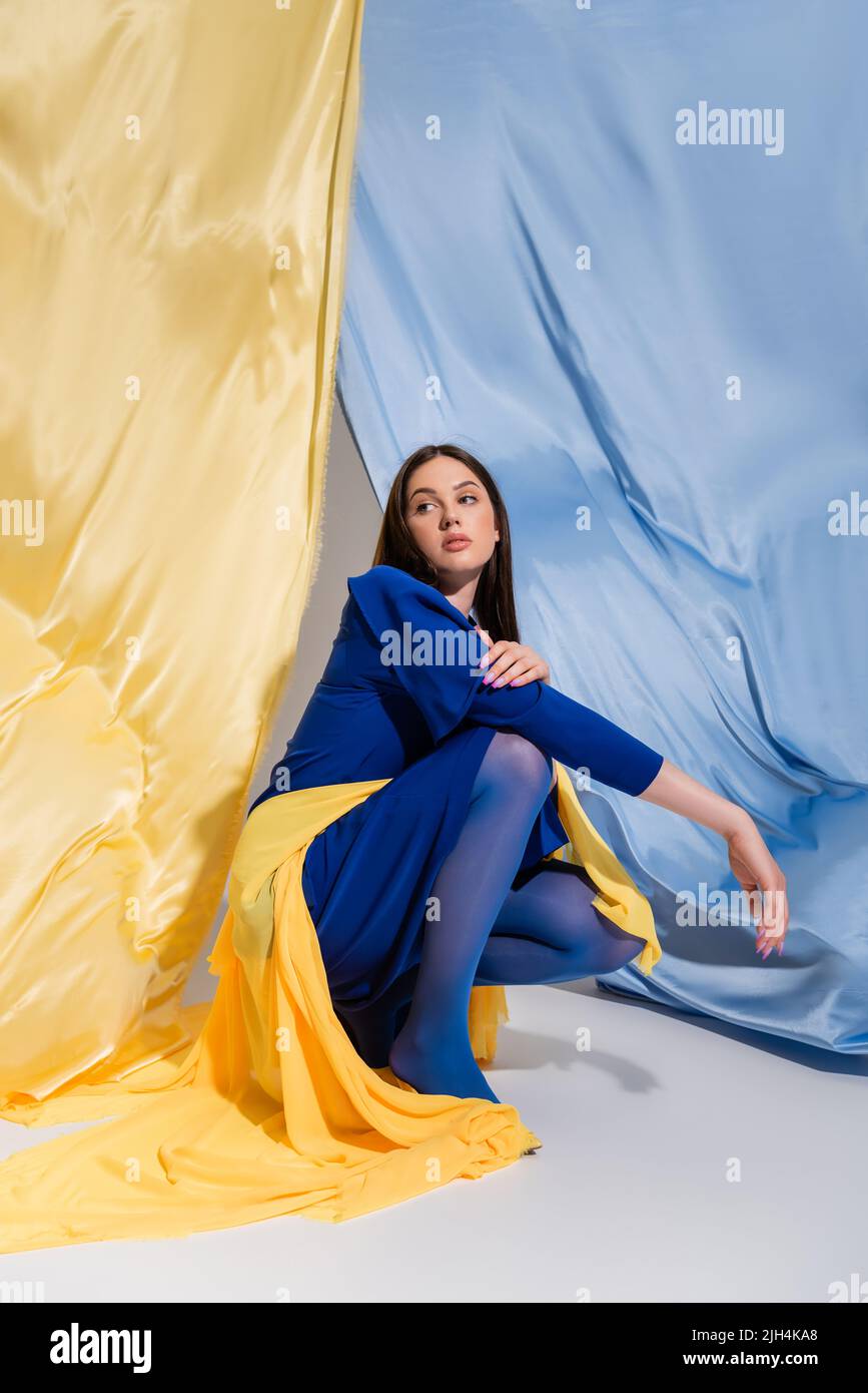 Trendige junge ukrainische Frau in stilvoller Blockkleidung sitzt in der Nähe der blauen und gelben Flagge Stockfoto