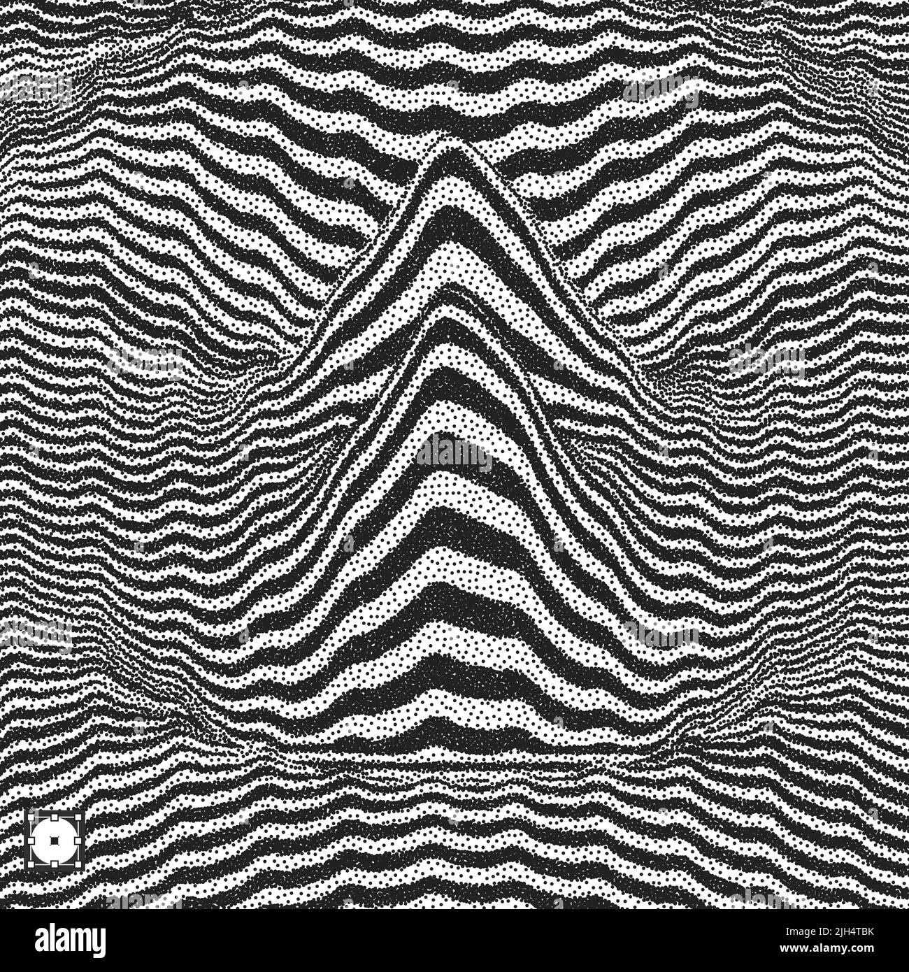 Wellenform Hintergrund. Dynamische visuelle Wirkung. Oberfläche Verzerrung. Schwarze und weiße Schallwellen. Pointillismus Muster mit optischen Täuschung. Gepunktete vecto Stock Vektor