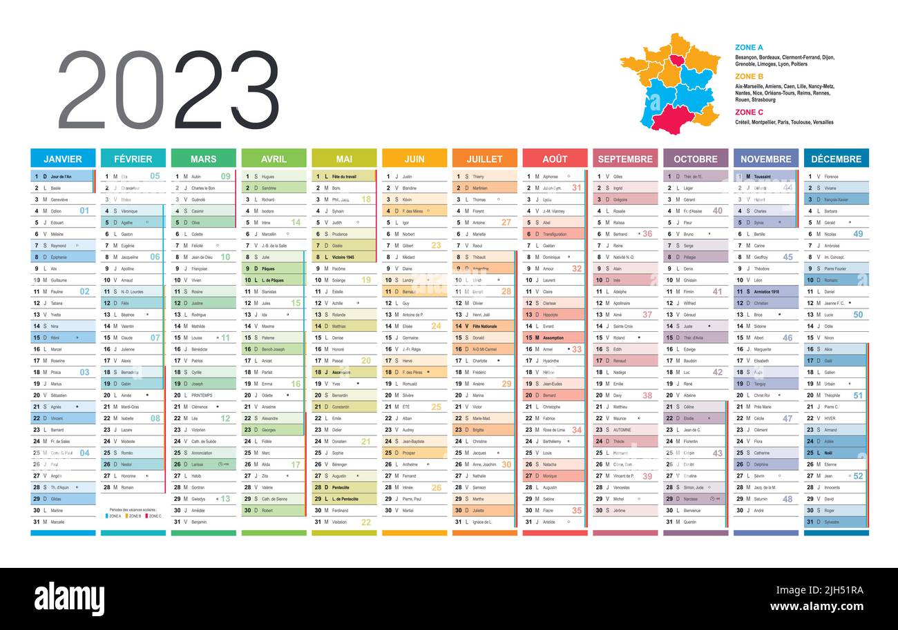 Jahr 2023 farbenfroher Wandkalender, in französischer Sprache, auf weißem Hintergrund. Vektorvorlage Stock Vektor