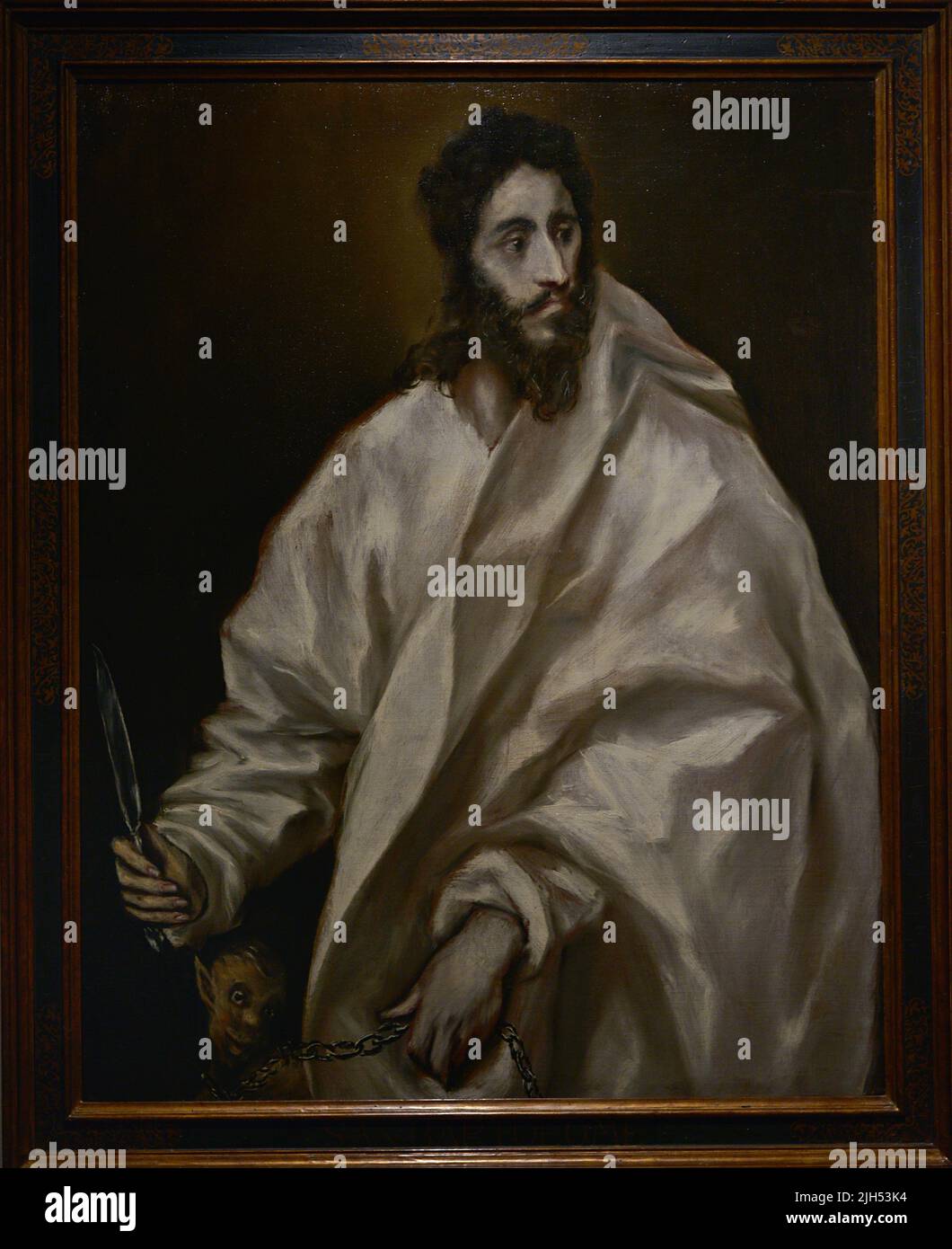 St. Bartholomäus. Apostel Jesu. Porträt von El Greco (Doménikos Theotokópoulos) (1541-1614). Öl auf Leinwand, ca. 1608-1614. Der weiß getuschierte Apostel hält das Messer, mit dem er gehäutet wurde. Zu seinen Füßen, durch eine Kette an seinem Platz gehalten, der Dämon Astaroth. El Greco Museum. Toledo, Spanien. Stockfoto