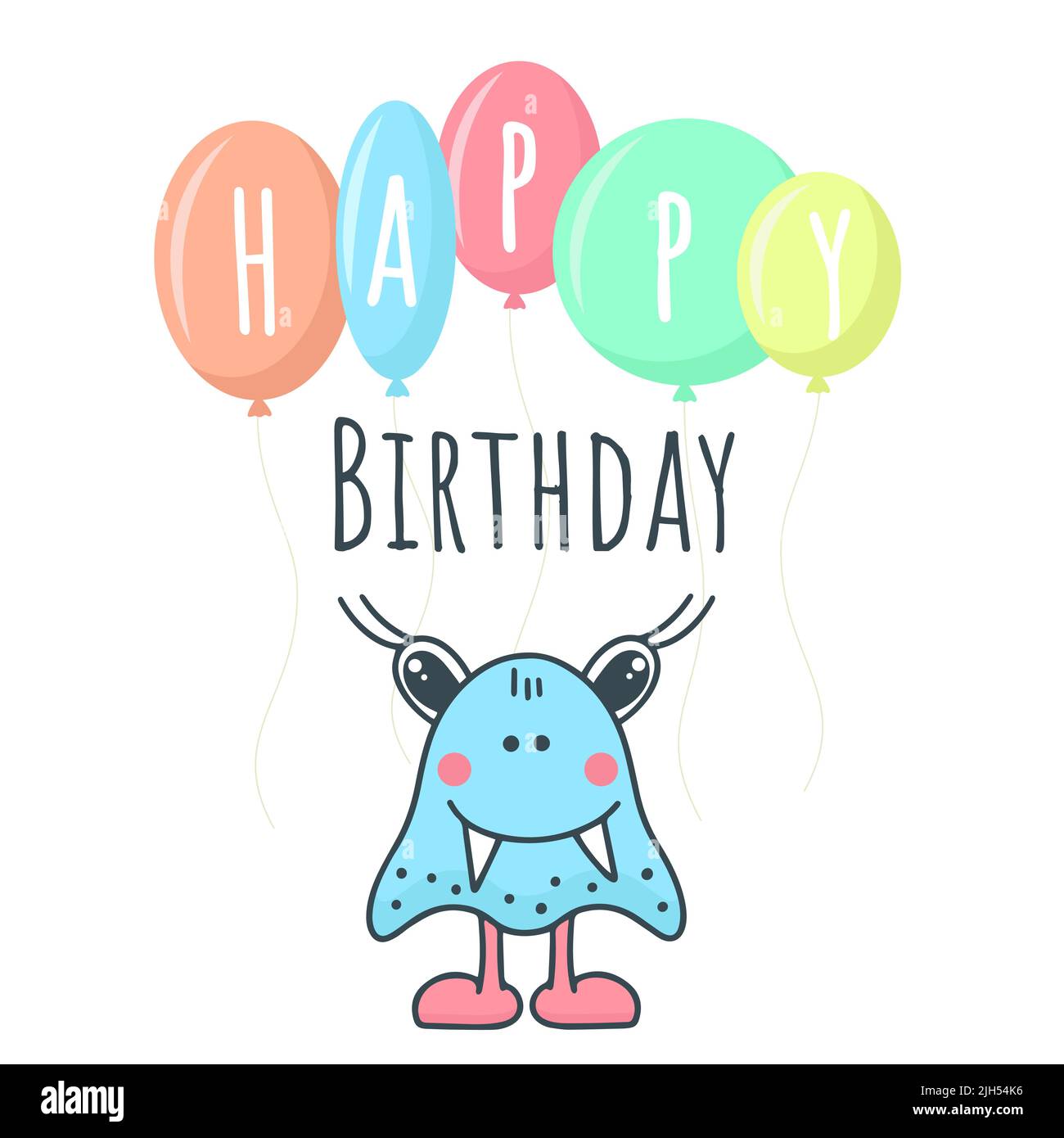 Happy Birthday Text Monster mit Luftballons Postkarte Stock Vektor