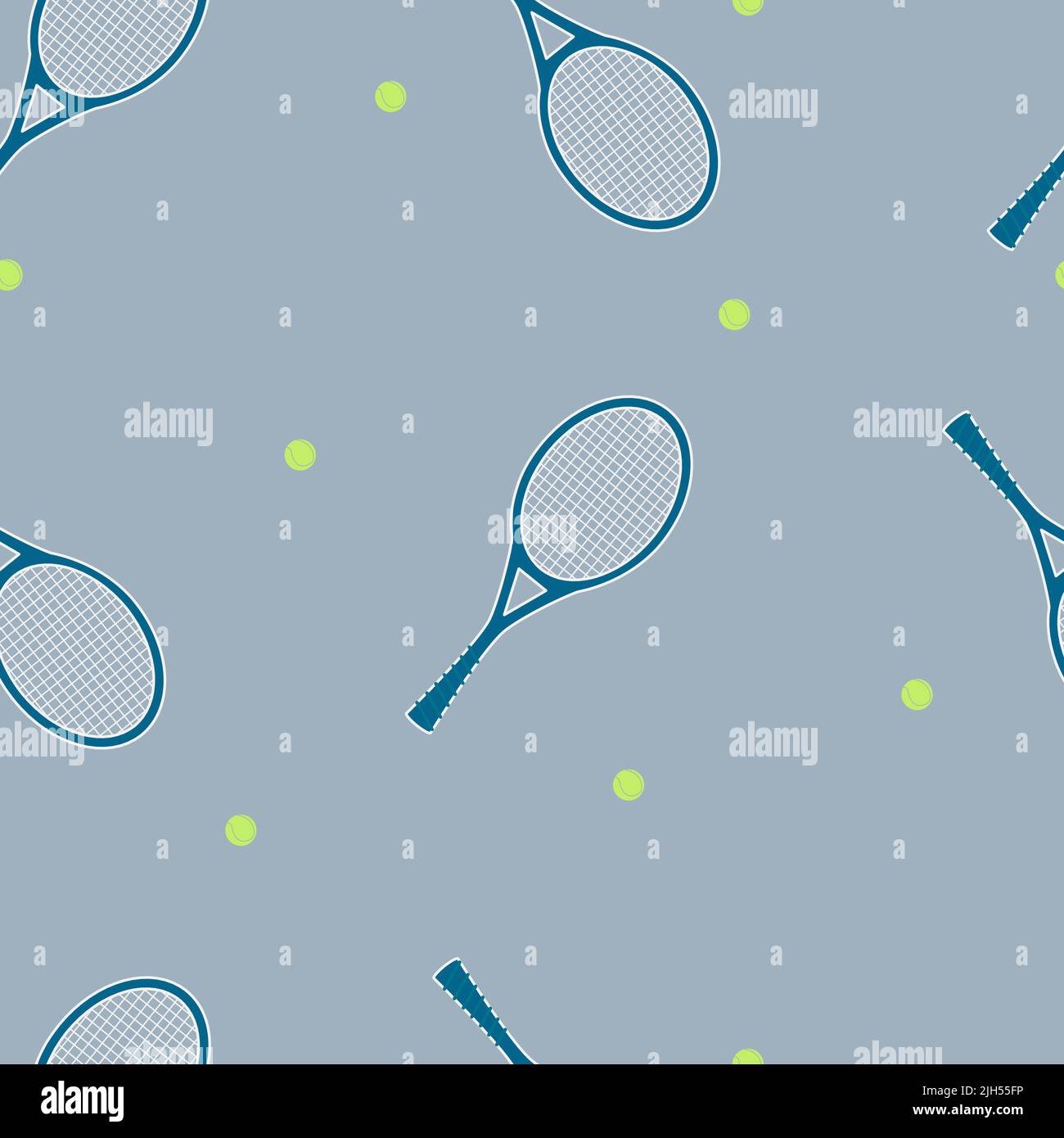 Nahtloses Muster mit Tennisschlägern und -Bällen auf blauem Hintergrund. Vektordesign wiederholen. Ideal für Stoff, Produkte, Geschenkpapier, Sportartikel. Bac Stock Vektor