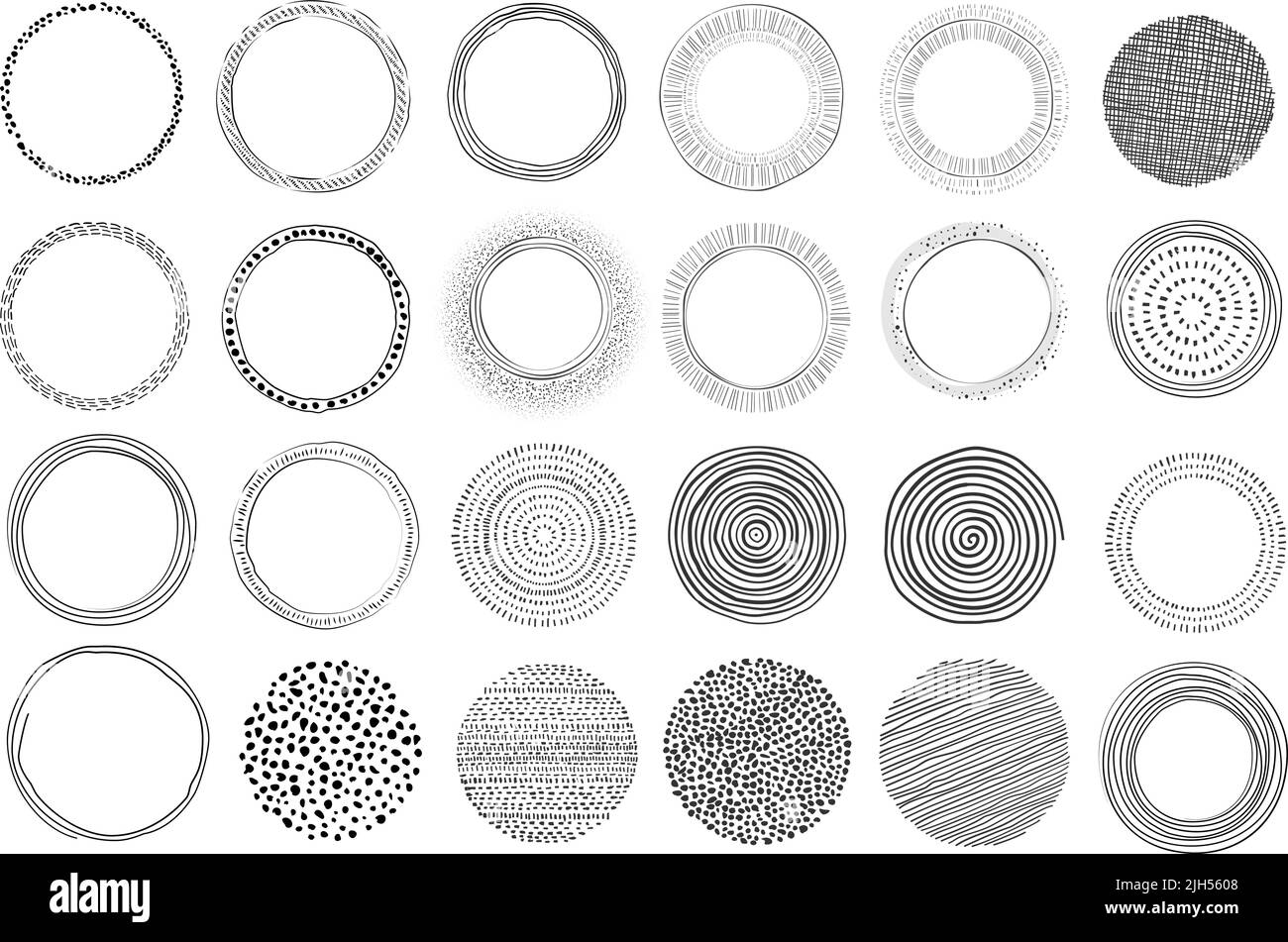 Große Sammlung von handgezeichneten kreisförmigen grafischen Design-Elementen, moderne Formen isoliert auf weiß, Vektor-Illustration Stock Vektor