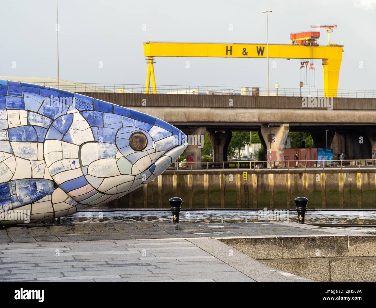 Der Lachs des Wissens (der große Fisch) am Fluss Lagan mit Harlem und Wolf im Hintergrund. Stockfoto