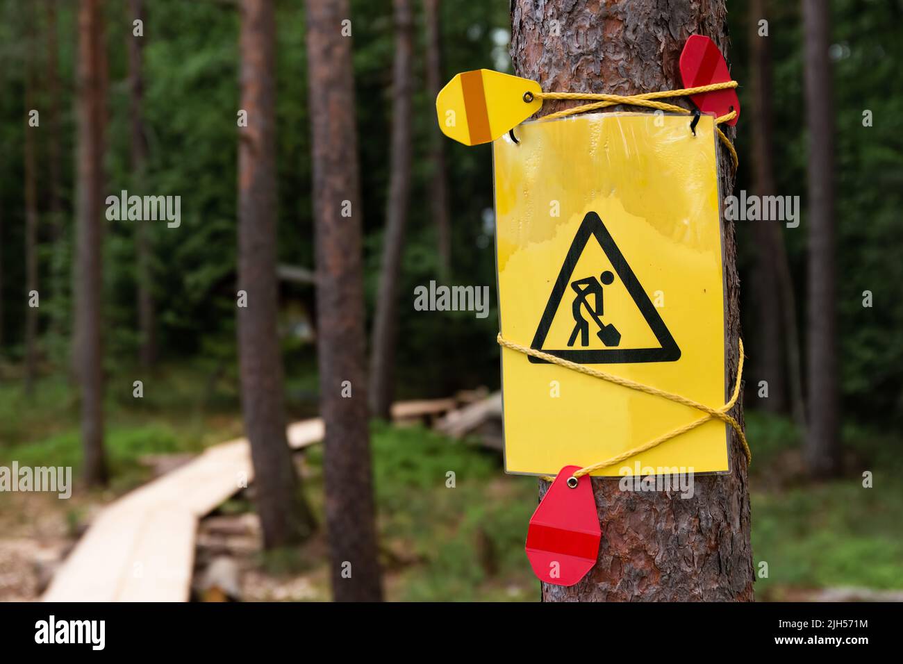 Gelbes Unterbauschild, das an einen Baum mit einer Fahnenlinie in einem finnischen Wald gebunden ist Stockfoto