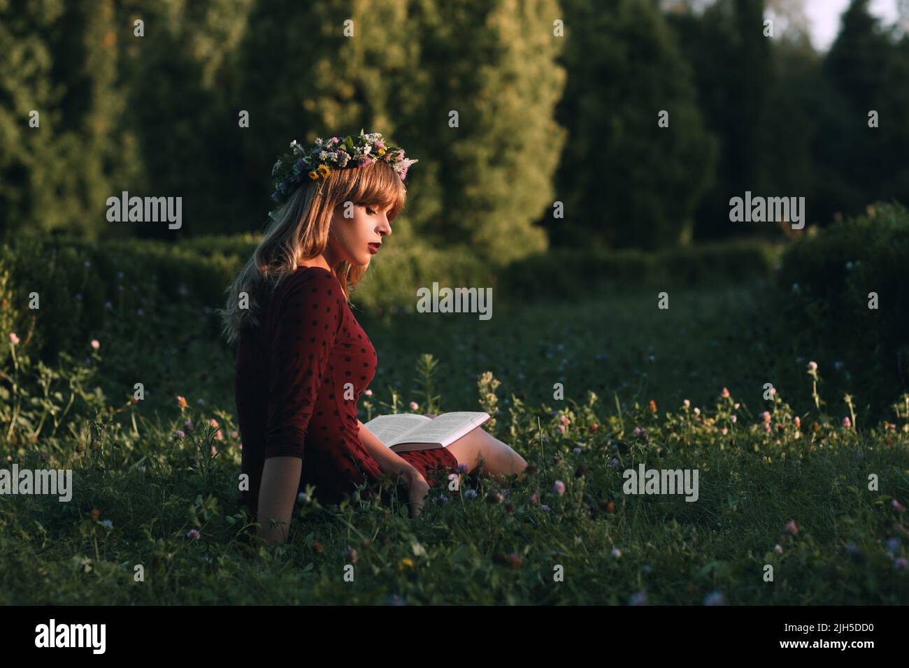 Attraktive Frau im Kranz Lesen in der Natur Stockfoto