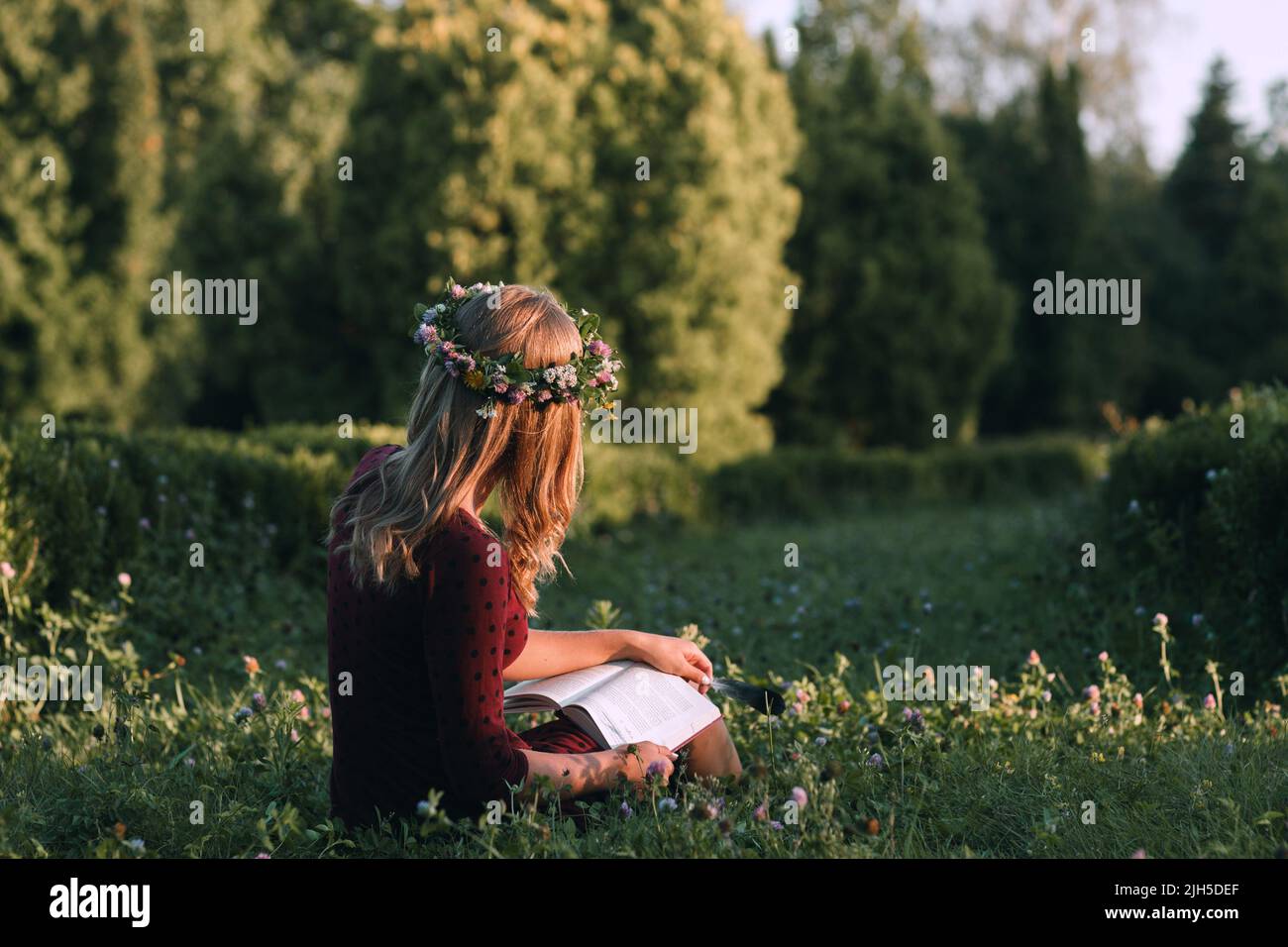 Attraktive Frau im Kranz Lesen in der Natur, zurück Stockfoto