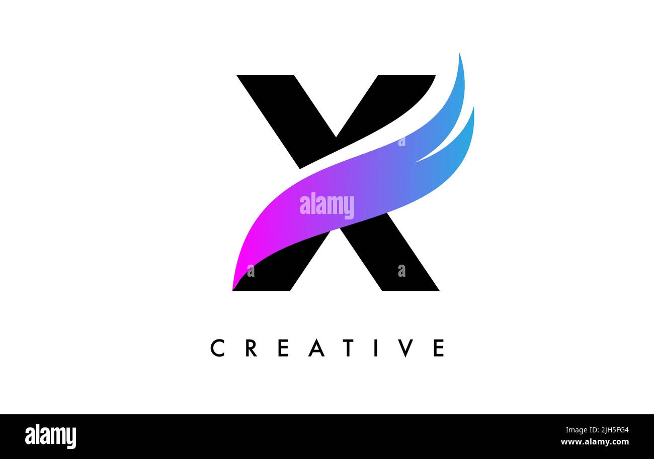 Icon-Design mit dem X-Logo mit violettem Swoosh und Creative Cut Curved Shape Vektorgrafik. Stock Vektor